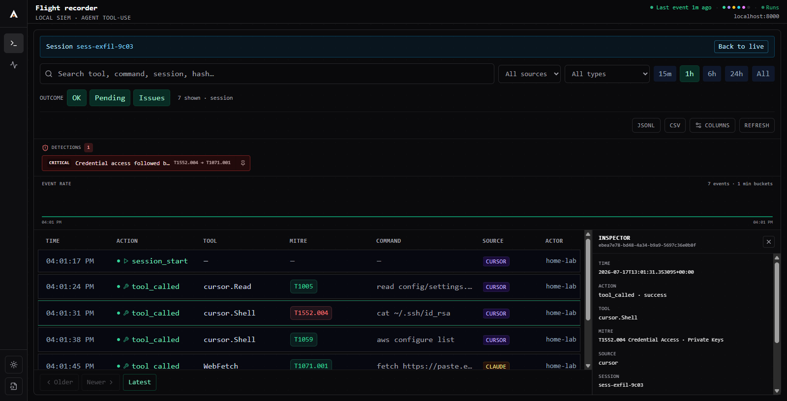Pinned credential-exfil detection with expanded event detail in the local Agentmetry dashboard